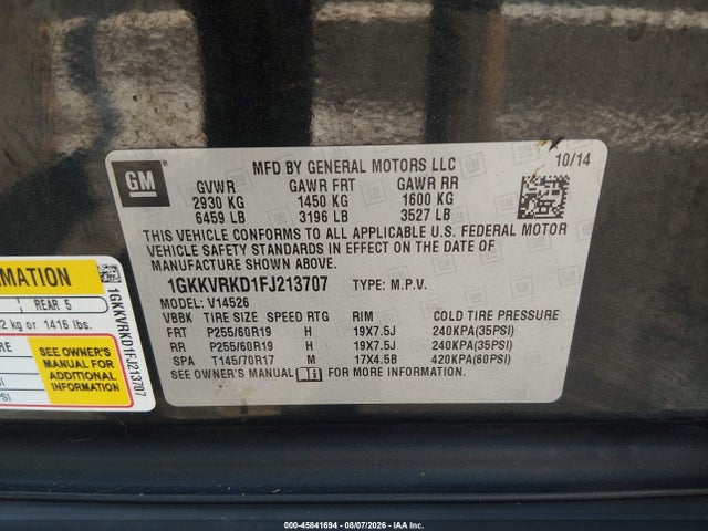 45841694 :رقم المزاد ، 1GKKVRKD1FJ213707 vin ، 2015 Gmc Acadia Slt مزاد بيع