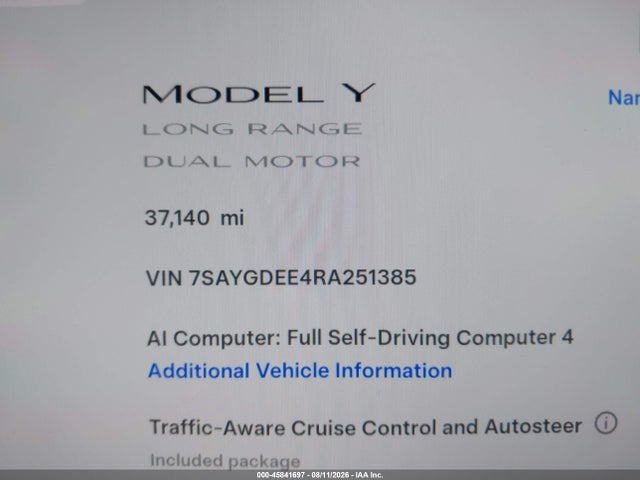 45841697 :رقم المزاد ، 7SAYGDEE4RA251385 vin ، 2024 Tesla Model Y Long Range Dual Motor All-wheel Drive مزاد بيع