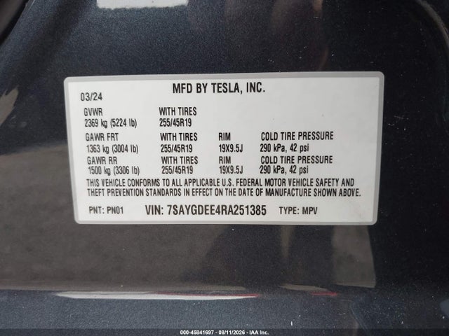 45841697 :رقم المزاد ، 7SAYGDEE4RA251385 vin ، 2024 Tesla Model Y Long Range Dual Motor All-wheel Drive مزاد بيع