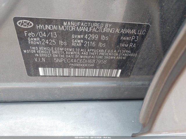Aukcja sprzedaży 2013 Hyundai Sonata Limited, vin: 5NPEC4AC6DH687958, numer aukcji: 45841702