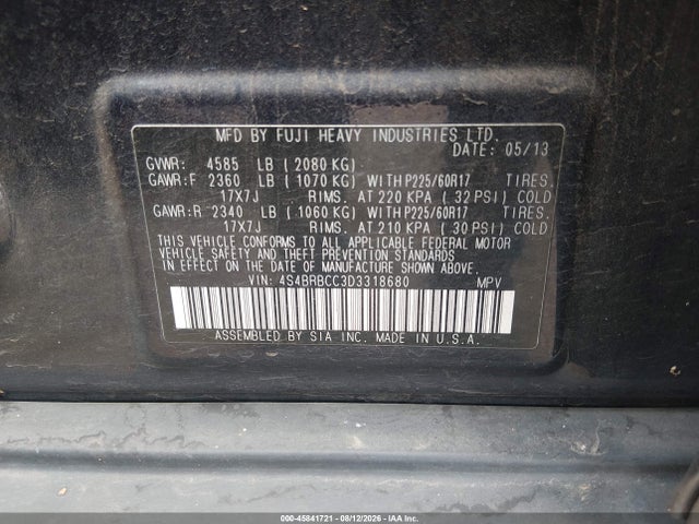 45841721 :رقم المزاد ، 4S4BRBCC3D3318680 vin ، 2013 Subaru Outback 2.5i Premium مزاد بيع