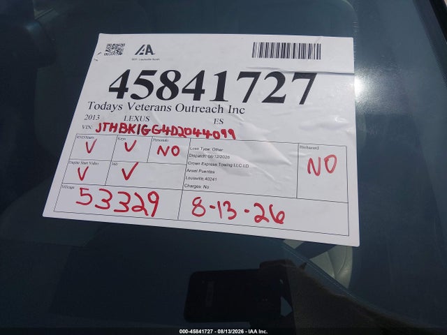 45841727 :رقم المزاد ، JTHBK1GG4D2044099 vin ، 2013 Lexus Es 350 مزاد بيع