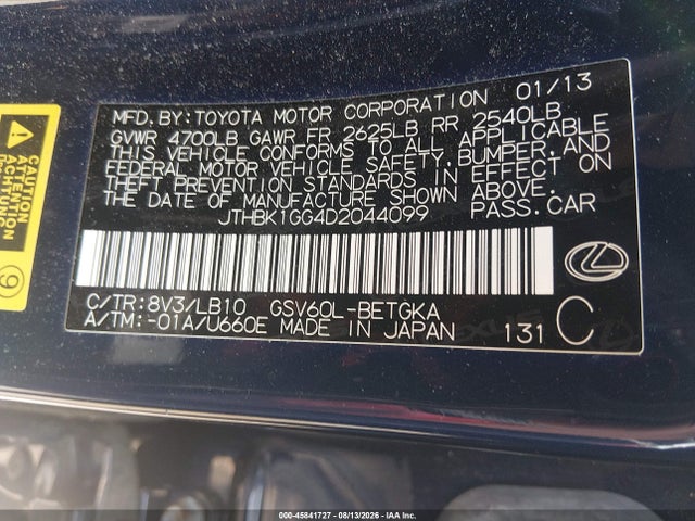 45841727 :رقم المزاد ، JTHBK1GG4D2044099 vin ، 2013 Lexus Es 350 مزاد بيع