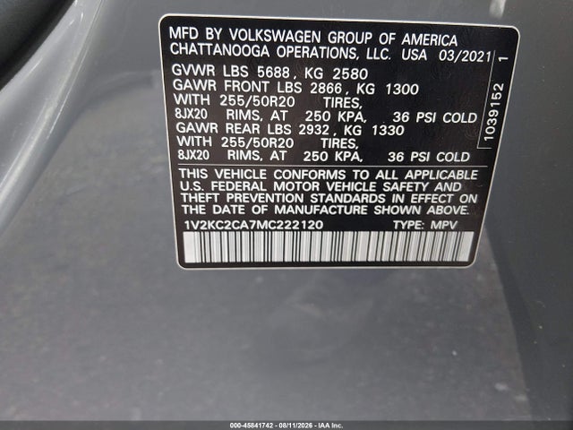 Aukcja sprzedaży 2021 Volkswagen Atlas Cross Sport 2.0t Se W/technology, vin: 1V2KC2CA7MC222120, numer aukcji: 45841742