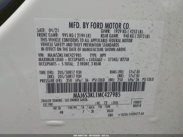 45841744 :رقم المزاد ، MAJ6S3KL1MC427985 vin ، 2021 Ford Ecosport Titanium مزاد بيع