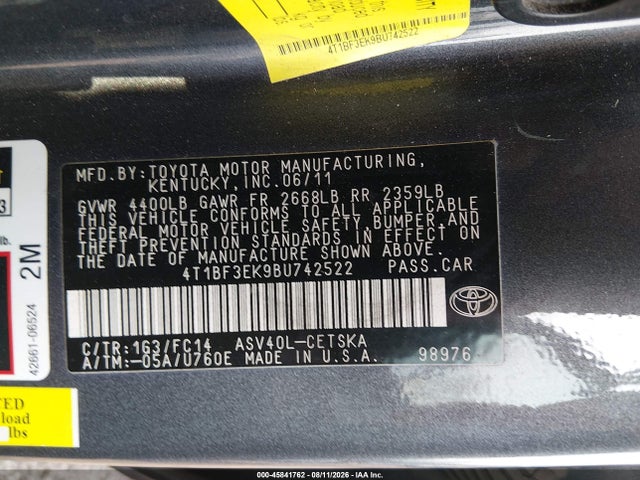 2011 Toyota Camry Se მანქანა იყიდება აუქციონზე, vin: 4T1BF3EK9BU742522, აუქციონის ნომერი: 45841762