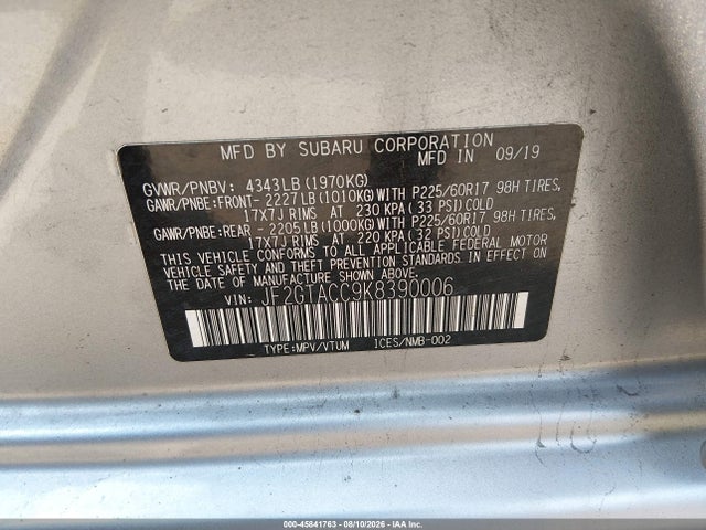 45841763 :رقم المزاد ، JF2GTACC9K8390006 vin ، 2019 Subaru Crosstrek 2.0i Premium مزاد بيع