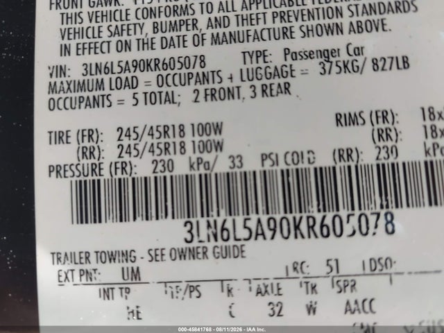 Aukcja sprzedaży 2019 Lincoln Mkz Standard, vin: 3LN6L5A90KR605078, numer aukcji: 45841768