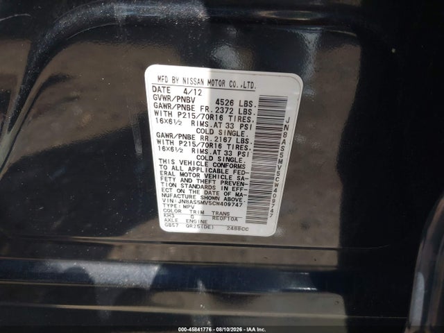 Продажа на аукционе авто 2012 Nissan Rogue S, vin: JN8AS5MV5CW409747, номер лота: 45841776