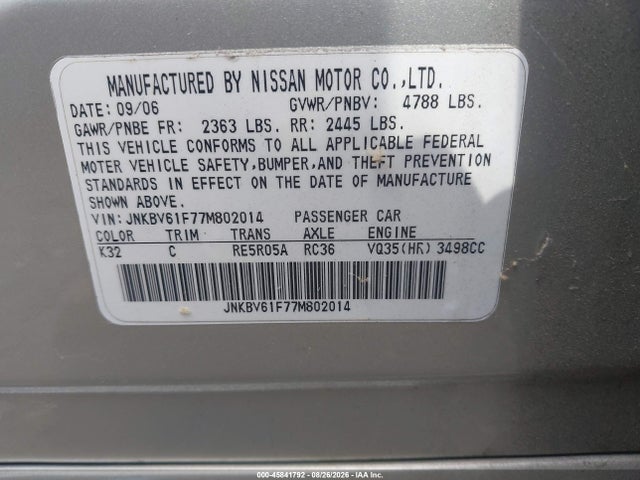 Aukcja sprzedaży 2007 Infiniti G35x, vin: JNKBV61F77M802014, numer aukcji: 45841792