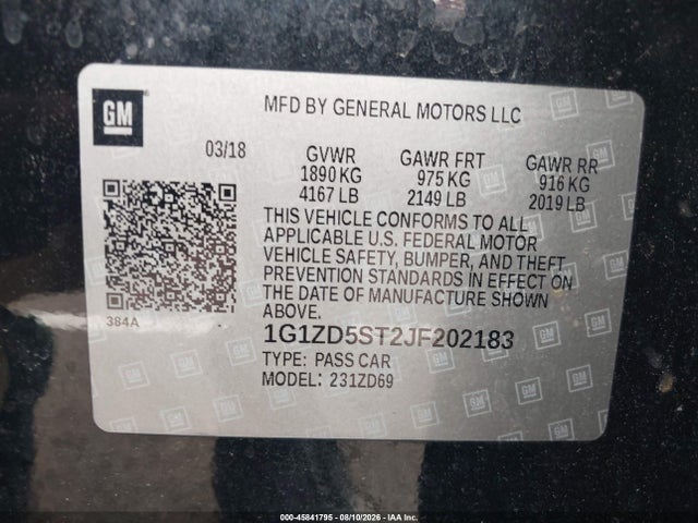Продаж на аукціоні авто 2018 Chevrolet Malibu Lt, vin: 1G1ZD5ST2JF202183, номер лоту: 45841795