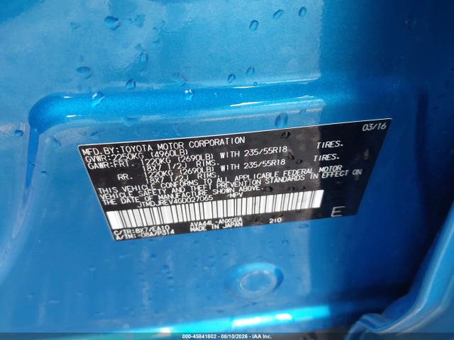 Aukcja sprzedaży 2016 Toyota Rav4 Hybrid Limited, vin: JTMDJREV4GD027065, numer aukcji: 45841802