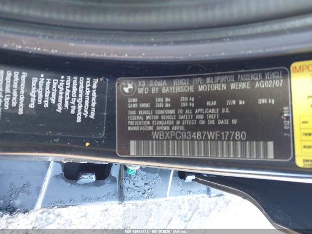 2007 Bmw X3 3.0si მანქანა იყიდება აუქციონზე, vin: WBXPC93487WF17780, აუქციონის ნომერი: 45841818