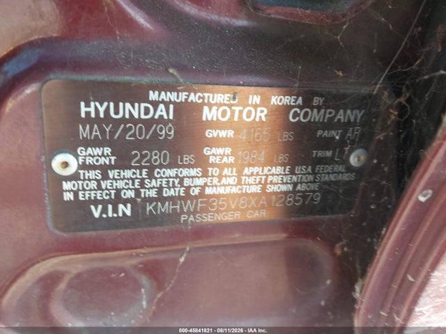 45841821 :رقم المزاد ، KMHWF35V8XA128579 vin ، 1999 Hyundai Sonata Gls مزاد بيع