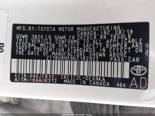 45841828 :رقم المزاد ، 2T1BURHE6KC162922 vin ، 2019 Toyota Corolla Le مزاد بيع