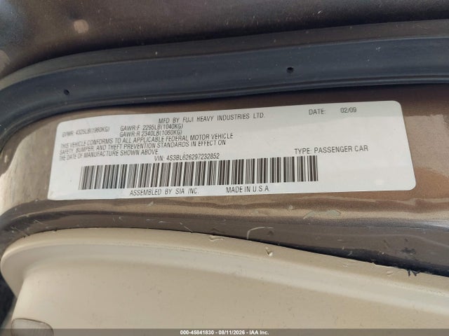 45841830 :رقم المزاد ، 4S3BL626297232852 vin ، 2009 Subaru Legacy 2.5i Limited مزاد بيع