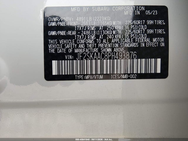 45841840 :رقم المزاد ، JF2SKAAC8PH493876 vin ، 2023 Subaru Forester مزاد بيع