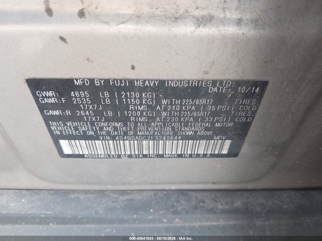 Aukcja sprzedaży 2015 Subaru Outback 2.5i Premium, vin: 4S4BSADC2F3242644, numer aukcji: 45841843