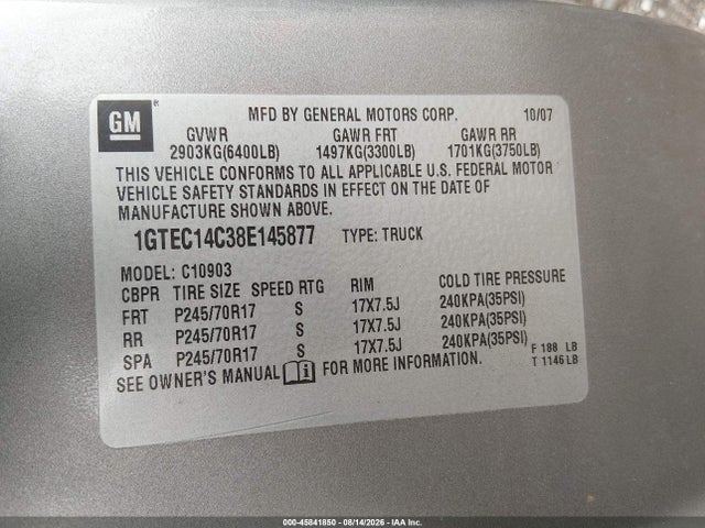 45841850 :رقم المزاد ، 1GTEC14C38E145877 vin ، 2008 Gmc Sierra 1500 Work Truck مزاد بيع
