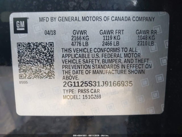 Продажа на аукционе авто 2018 Chevrolet Impala 2lz, vin: 2G1125S31J9166935, номер лота: 45841851