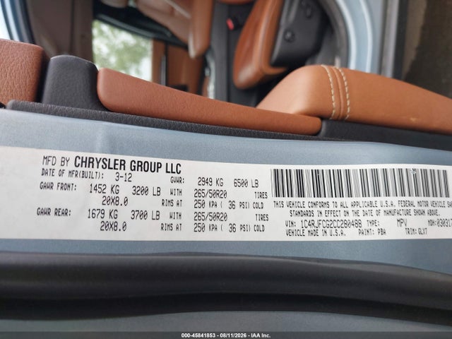 2012 Jeep Grand Cherokee Overland მანქანა იყიდება აუქციონზე, vin: 1C4RJFCG2CC280488, აუქციონის ნომერი: 45841853