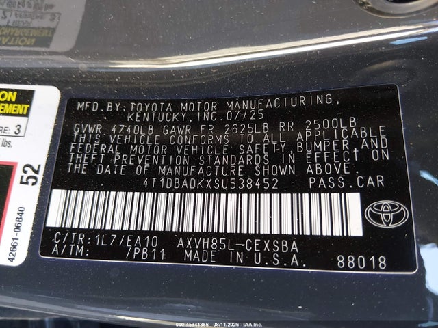45841856 :رقم المزاد ، 4T1DBADKXSU538452 vin ، 2025 Toyota Camry Se مزاد بيع