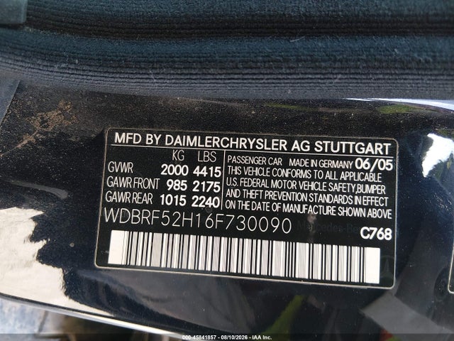 Aukcja sprzedaży 2006 Mercedes-benz C 230 Sport, vin: WDBRF52H16F730090, numer aukcji: 45841857