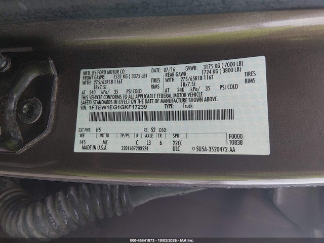 45841873 :رقم المزاد ، 1FTEW1EG1GKF17239 vin ، 2016 Ford F-150 Xlt مزاد بيع