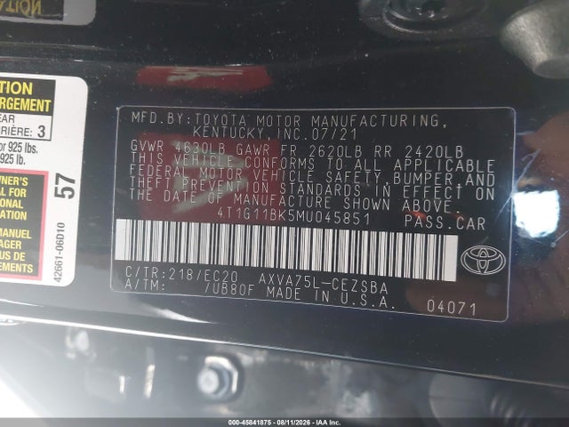 4T1G11BK5MU045851 Toyota Camry Se Nightshade Edition Awd