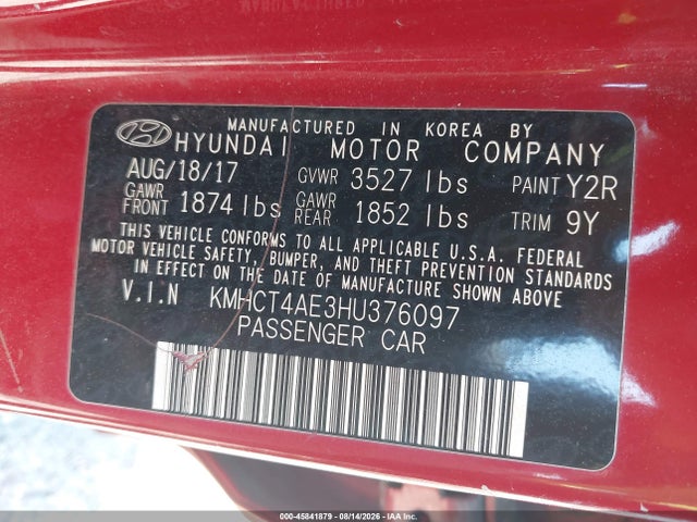 Продажа на аукционе авто 2017 Hyundai Accent Se, vin: KMHCT4AE3HU376097, номер лота: 45841879