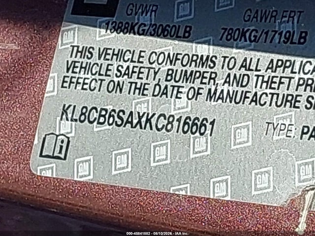 45841882 :رقم المزاد ، KL8CB6SAXKC816661 vin ، 2019 Chevrolet Spark Ls Cvt مزاد بيع
