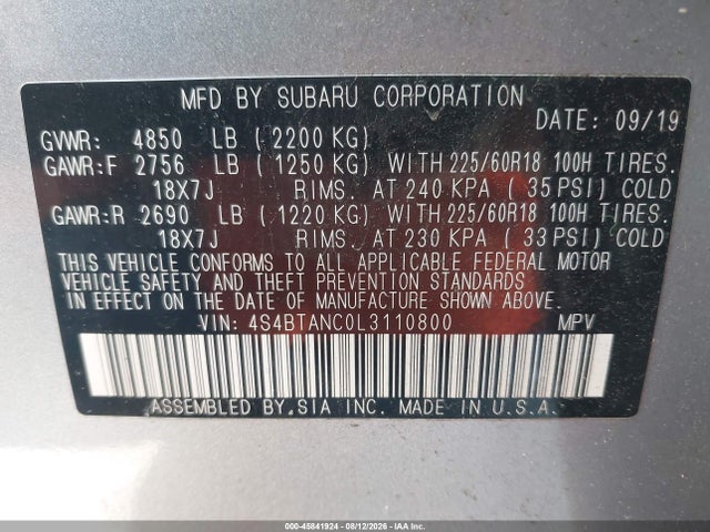Aukcja sprzedaży 2020 Subaru Outback Limited, vin: 4S4BTANC0L3110800, numer aukcji: 45841924