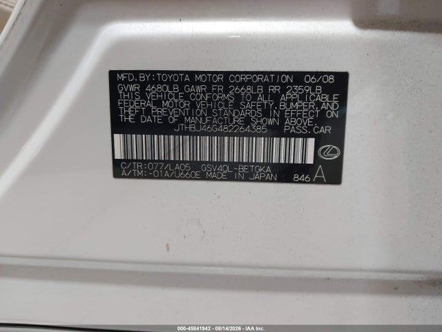 45841942 :رقم المزاد ، JTHBJ46G482264385 vin ، 2008 Lexus Es 350 مزاد بيع