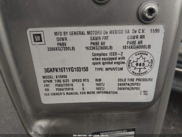 Aukcja sprzedaży 2000 Gmc Yukon Xl 1500 Sle/slt, vin: 3GKFK16T1YG103158, numer aukcji: 45841945