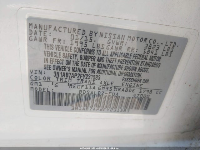 Aukcja sprzedaży 2015 Nissan Sentra Fe+ S/s/sl/sr/sv, vin: 3N1AB7AP2FY231583, numer aukcji: 45841958
