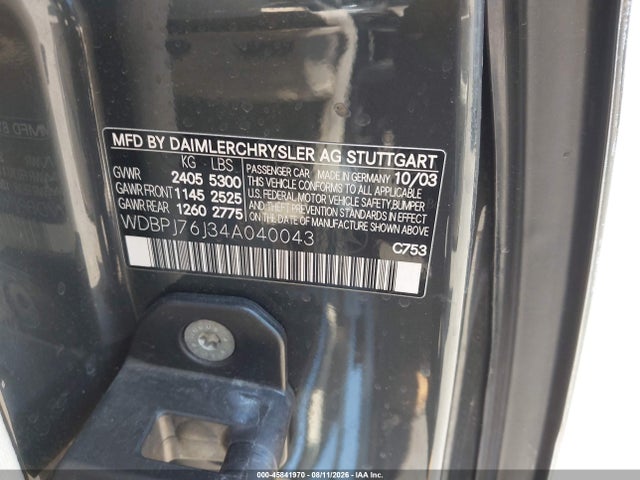 45841970 :رقم المزاد ، WDBPJ76J34A040043 vin ، 2004 Mercedes-benz Cl 600 مزاد بيع