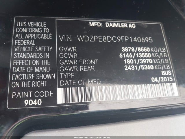 Aukcja sprzedaży 2015 Mercedes-benz Sprinter 2500 High  Roof, vin: WDZPE8DC9FP140695, numer aukcji: 45841980