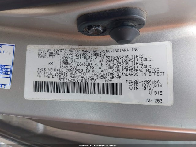 Aukcja sprzedaży 2004 Toyota Sienna Le, vin: 5TDZA23C94S191278, numer aukcji: 45841983