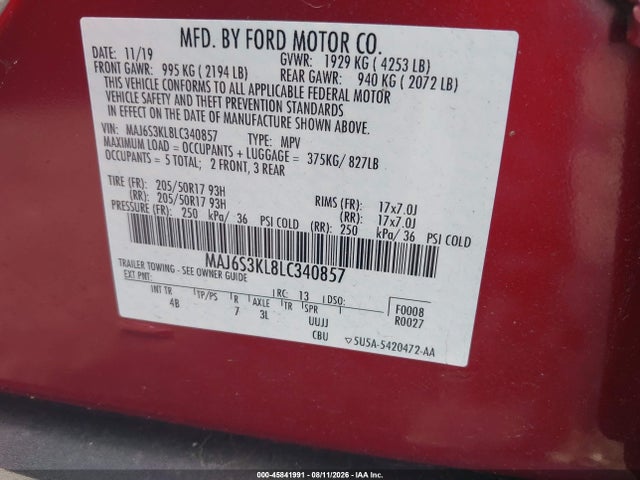 2020 Ford Ecosport Titanium მანქანა იყიდება აუქციონზე, vin: MAJ6S3KL8LC340857, აუქციონის ნომერი: 45841991