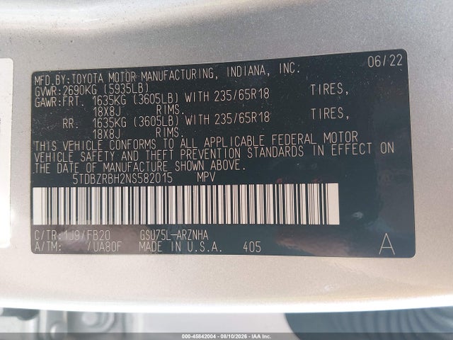 2022 Toyota Highlander Le მანქანა იყიდება აუქციონზე, vin: 5TDBZRBH2NS582015, აუქციონის ნომერი: 45842004