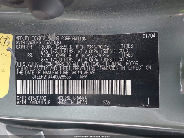 45842009 :رقم المزاد ، JTEEP21A440028535 vin ، 2004 Toyota Highlander V6 مزاد بيع