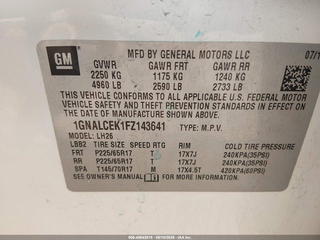 Aukcja sprzedaży 2015 Chevrolet Equinox Lt, vin: 1GNALCEK1FZ143641, numer aukcji: 45842015