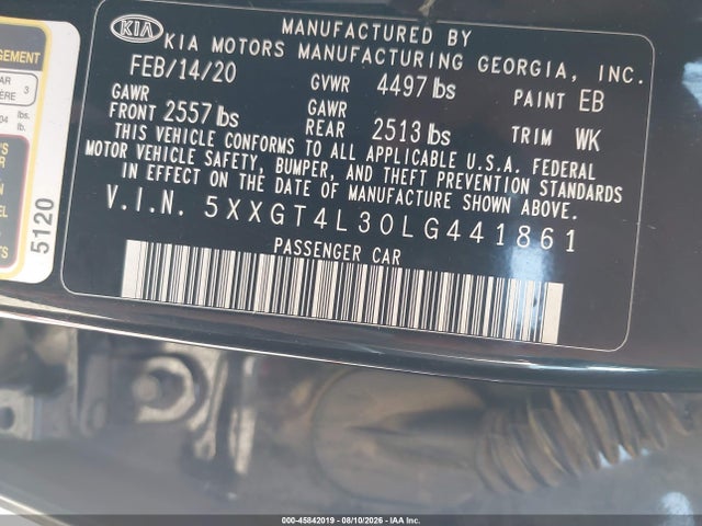Aukcja sprzedaży 2020 Kia Optima Lx, vin: 5XXGT4L30LG441861, numer aukcji: 45842019