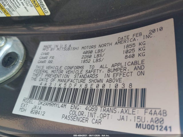 Aukcja sprzedaży 2011 Mitsubishi Eclipse Gs/gs Sport, vin: 4A31K5DFXBE001038, numer aukcji: 45842021