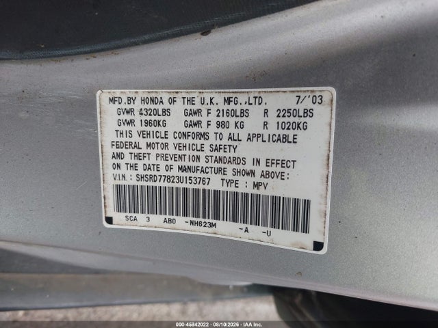 45842022 :رقم المزاد ، SHSRD77823U153767 vin ، 2003 Honda Cr-v Ex مزاد بيع