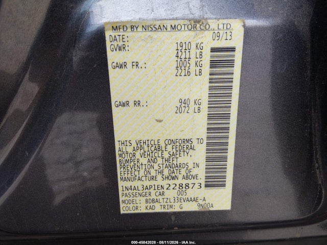 2014 Nissan Altima 2.5 Sv მანქანა იყიდება აუქციონზე, vin: 1N4AL3AP1EN228873, აუქციონის ნომერი: 45842028