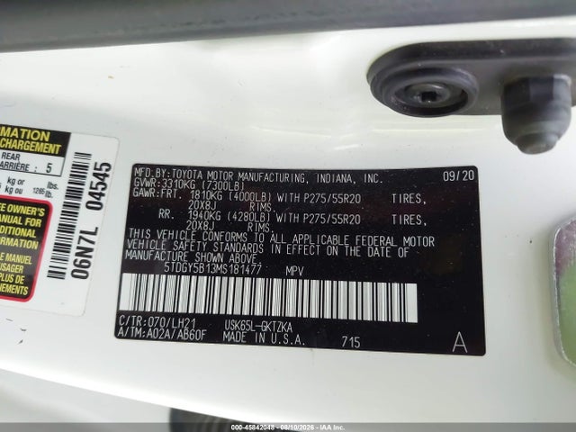 2021 Toyota Sequoia Platinum მანქანა იყიდება აუქციონზე, vin: 5TDGY5B13MS181477, აუქციონის ნომერი: 45842048
