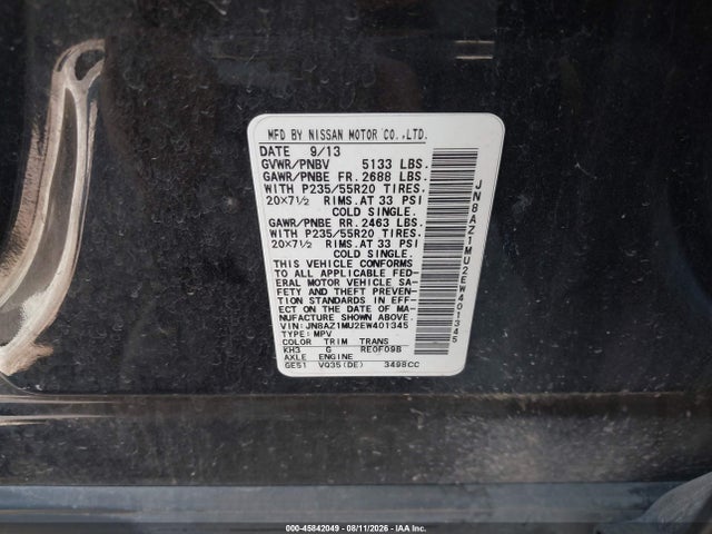 2014 Nissan Murano Le მანქანა იყიდება აუქციონზე, vin: JN8AZ1MU2EW401345, აუქციონის ნომერი: 45842049