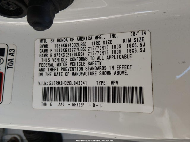 45842058 :رقم المزاد ، 5J6RM3H32EL043041 vin ، 2014 Honda Cr-v Lx مزاد بيع