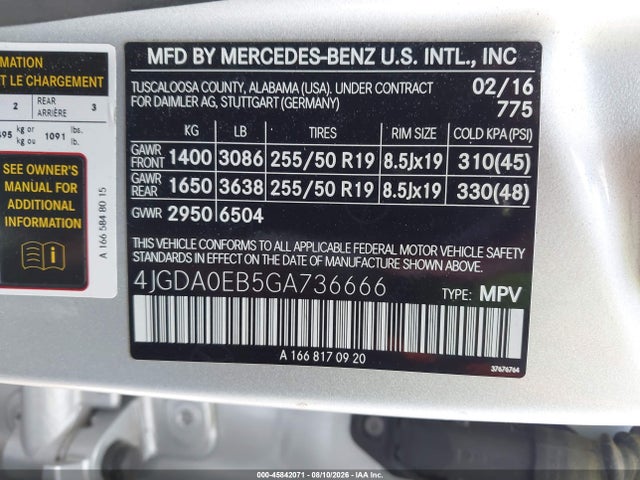 Aukcja sprzedaży 2016 Mercedes-benz Gle 300d 4matic, vin: 4JGDA0EB5GA736666, numer aukcji: 45842071